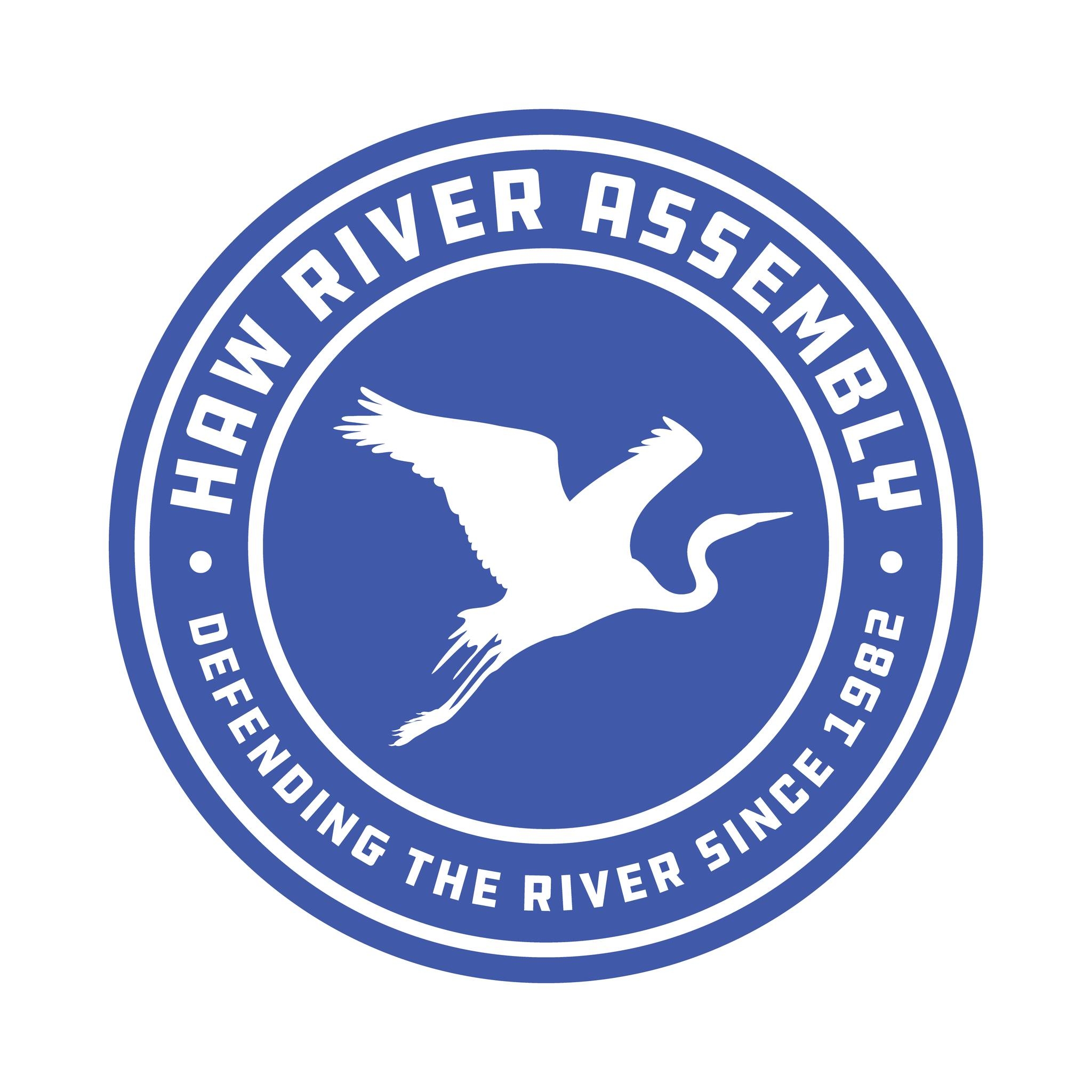 Haw River Assembly logo, white text on blue circle background with a white heron silhouette in the center