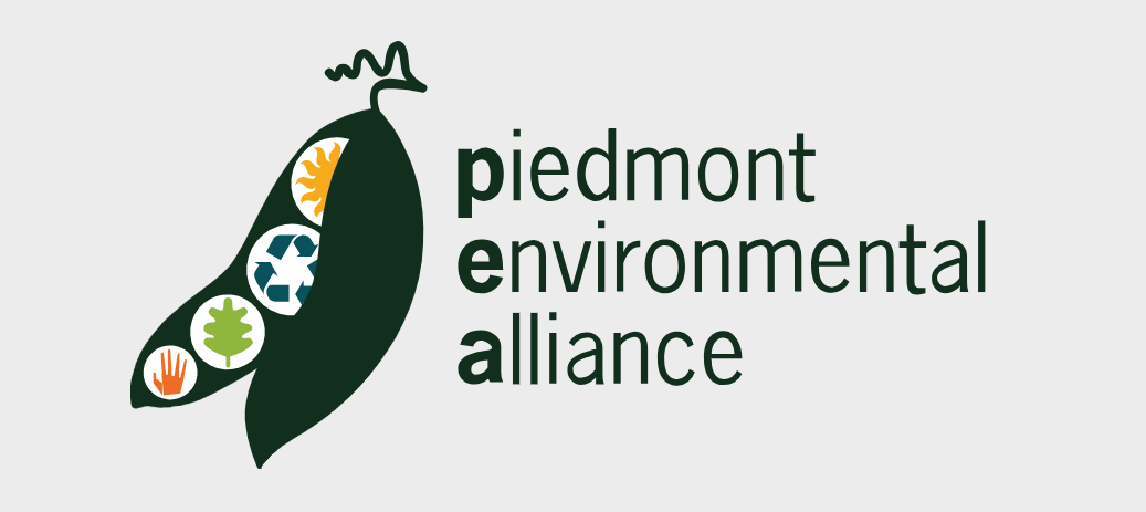 Piedmont Environmental Alliance logo, a pea pod with images in the peas of a hand, a leaf, the recycling symbol, and the sun