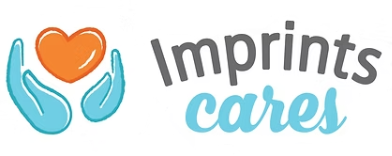 Imprints Cares logo, two blue hands holding an orange heart