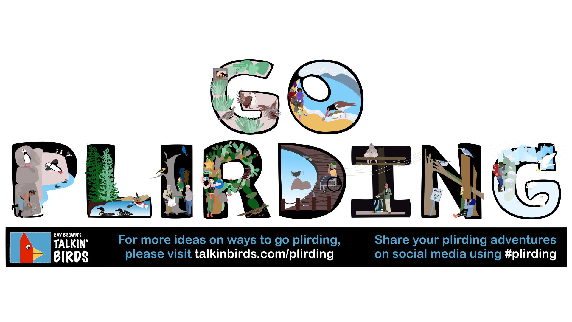 Text "Go Plirding" with different birds illustrated within the block letters